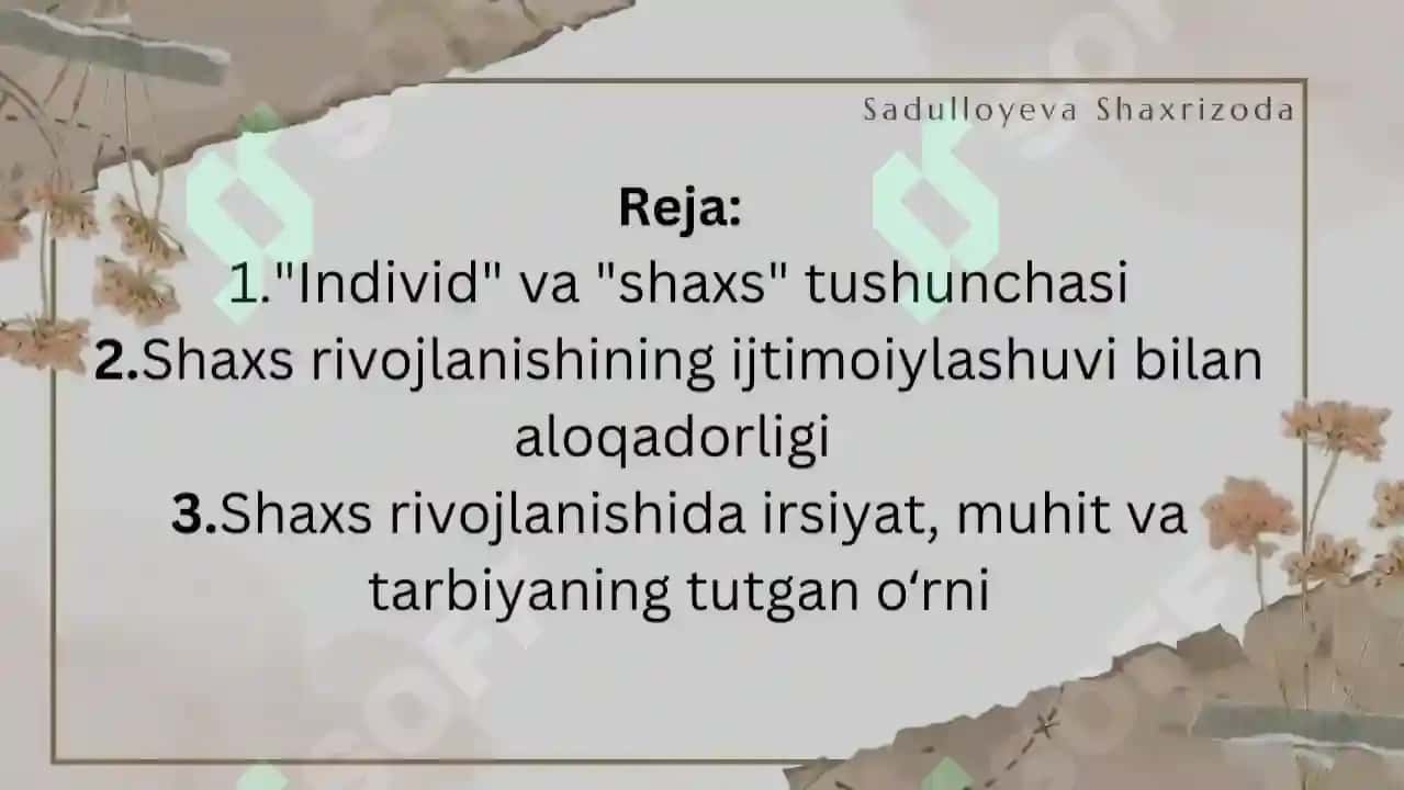 Shaxsning rivojlanishi tarbiyasi va ijtimoiylashuvi 2