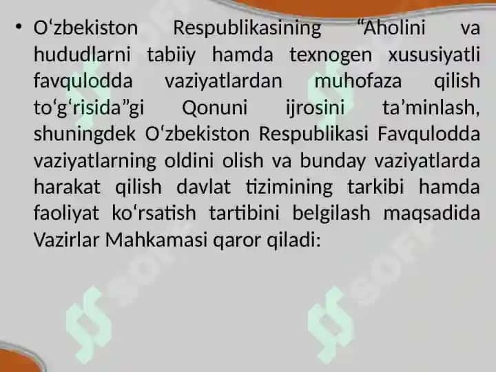 O'zbekiston Respublikasi Vazirlar Mahkamasi 2023-yil 29-apreldagi "O'zbekiston Respublikasi favqulodda vaziyatlarning oldini olish va bunday vaziyatlarda harakat qilish davlat tizimini faoliyatini samarali ta'sir etish chora-tadbirlari to'g'risida"gi 171-son qarori 3