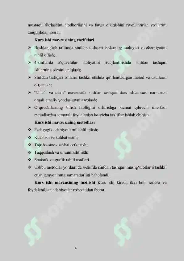 4-sinflarda sinfdan tashqari ishlarni tashkil etish metodikasi kurs ishi    |  4-синфларда синфдан ташқари ишларни ташкил этиш методикаси   |  To‘rtinchi sinflarda sinfdan tashqari ishlarni tashkil etish metodikasi  kurs  ishi   |   Тўртинчи синфларда синфдан ташқари ишларни ташкил этиш методикаси 6