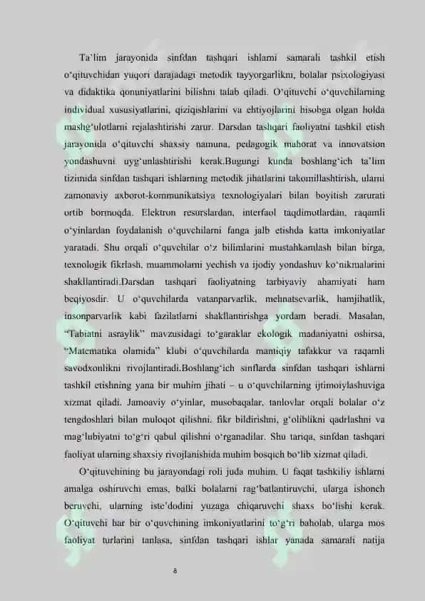 4-sinflarda sinfdan tashqari ishlarni tashkil etish metodikasi kurs ishi    |  4-синфларда синфдан ташқари ишларни ташкил этиш методикаси   |  To‘rtinchi sinflarda sinfdan tashqari ishlarni tashkil etish metodikasi  kurs  ishi   |   Тўртинчи синфларда синфдан ташқари ишларни ташкил этиш методикаси 8