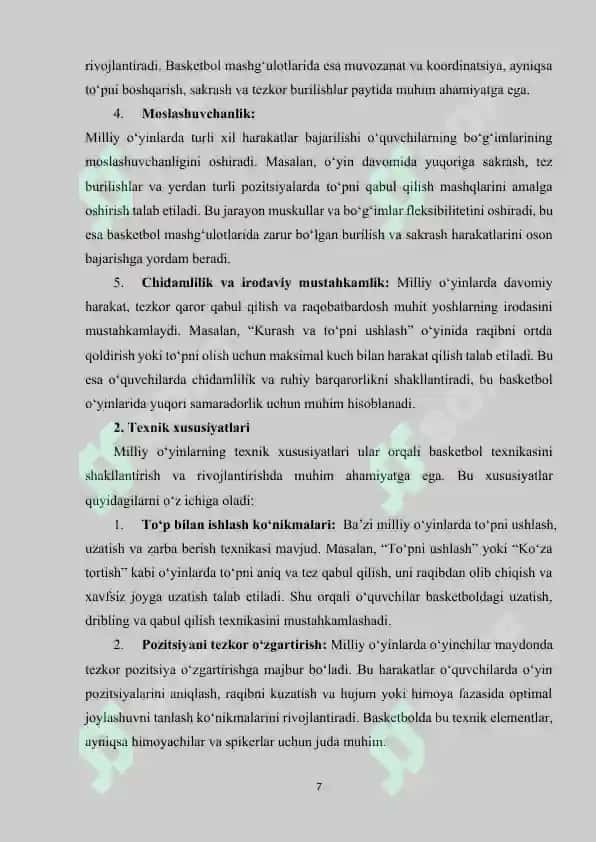 Basketbol mashg‘ulotlarida milliy xarakatli o‘yinlardan foydalanish 7