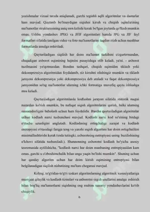 Siqish algoritmi asosida ma’lumotlarni siqish usullarining samaradorligini hisoblash 6