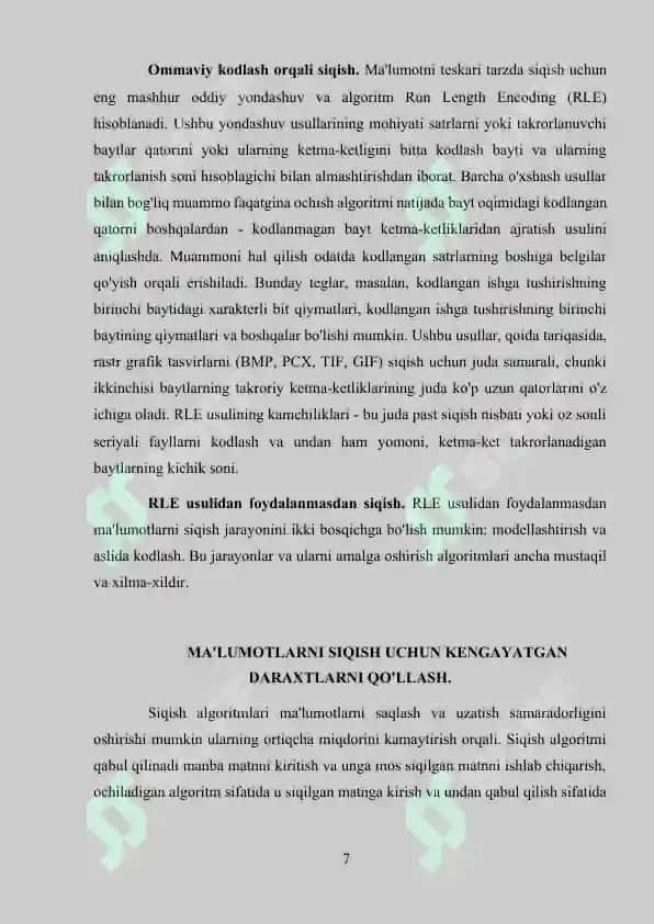 Siqish algoritmi asosida ma’lumotlarni siqish usullarining samaradorligini hisoblash 7