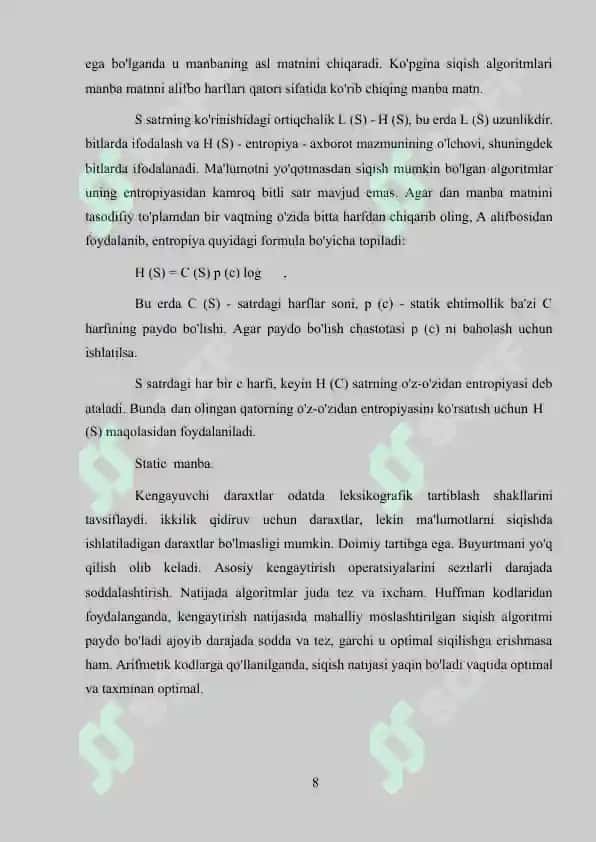 Siqish algoritmi asosida ma’lumotlarni siqish usullarining samaradorligini hisoblash 8