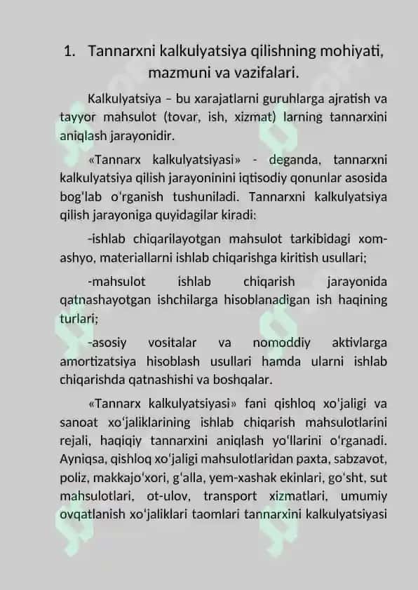 Mahsulot tannarxini kalkulyatsiya qilish 5