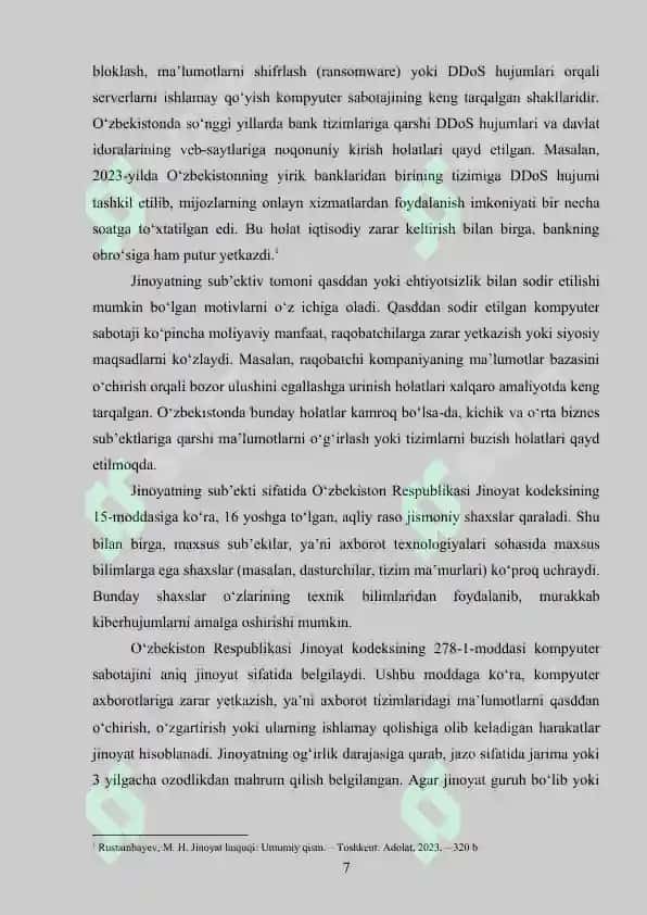 Kompyutnr sabotaji jinoyatining jinoiy huquqiy tavsifi (nazariy va amaliy) 7