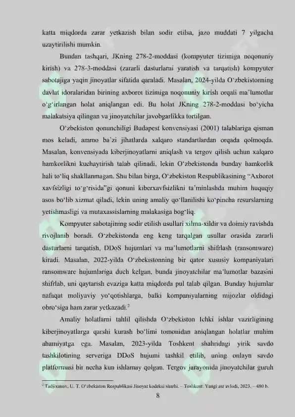 Kompyutnr sabotaji jinoyatining jinoiy huquqiy tavsifi (nazariy va amaliy) 8