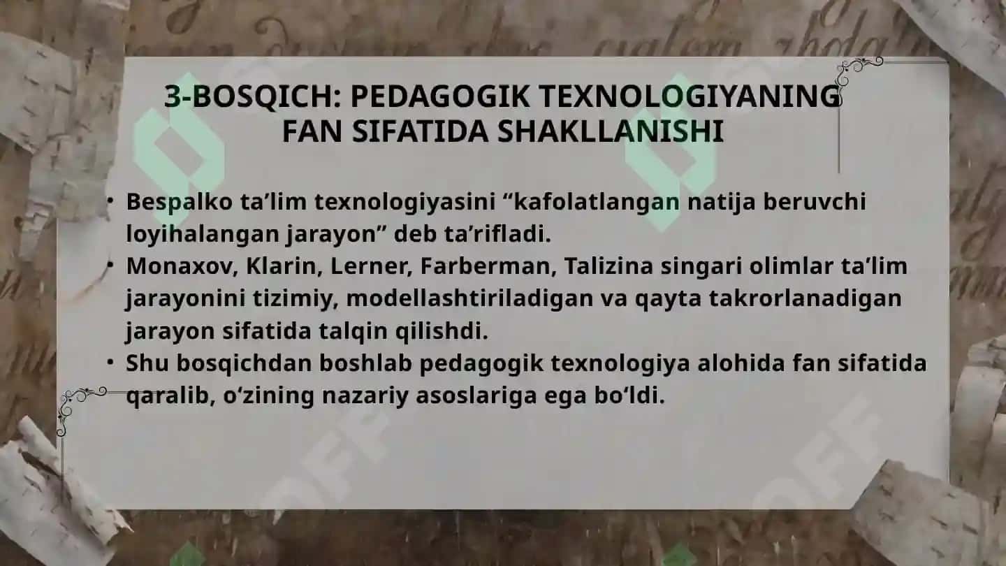 PEDAGOGIK OLIMLARNING "PEDAGOGIK TEXNOLOGIYA " RIVOJLANISHIDAGI QARASHLARI 6