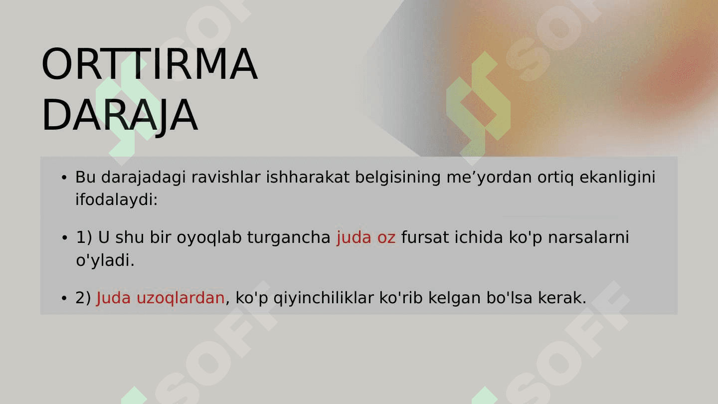 Ravishlarda daraja, ravishlarning yasalishi, otlashishi, va tuzilishi turlari 8