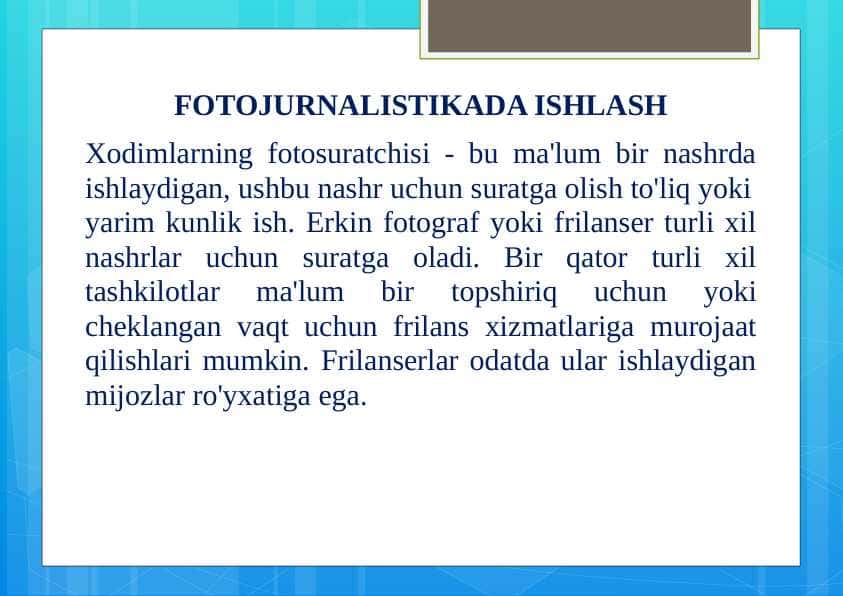 FOTOJURNALISTIKADA ISHLASH 1