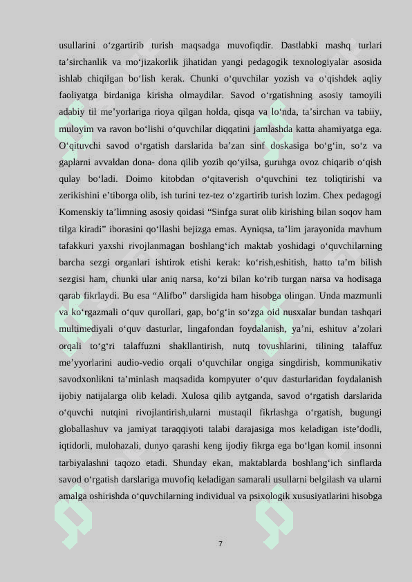 1-sinf ona tili va o’qish savodxonligi darslarida koʻrgazmali vositalardan foydalanish. 7