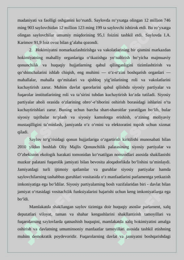 O’ZBEKISTONDA DEMOKRATIK, FUQAROLIK JAMIYATI asoslarining shakillanishi amalga oshirilgan siyosiy islohotlar 6