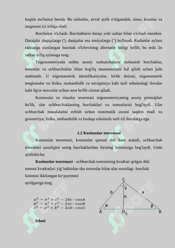 Kosinuslar va sinuslar teoremasi. kurs ishi 8