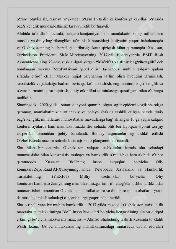 O’zbekistonda dinlararo va millatlar aro  munosabatlardagi  barqarorlikni ta’minlash borasidagi davlat siyosati 8