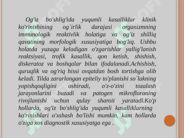 Bolalarda og’iz bo’shlig’i shilliq qavatining o’tkir yuqumli kasalliklarida (qizamiq, bo’g’ma, gerpangina, skarlatina) o’zgarishlari, klinik kechishi, tashxis, davo 2