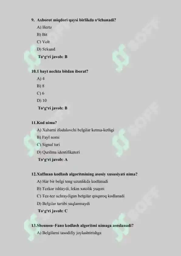 Axborot kodlash nazariyasi boʻyicha 50-ta test savollari to‘plami javoblari bilan 3