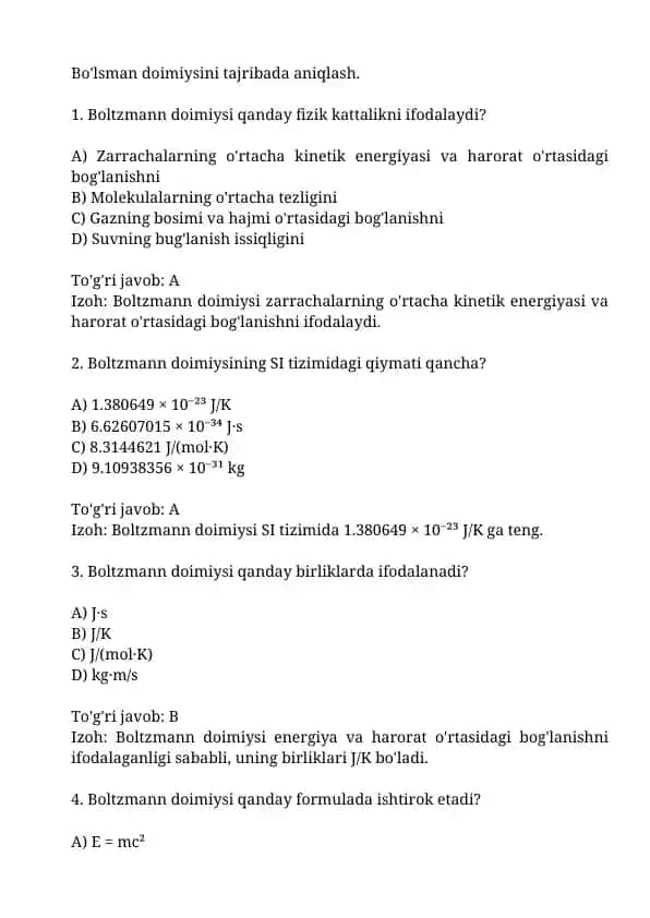 Bolsman doimiysini tajribada aniqlash. 1