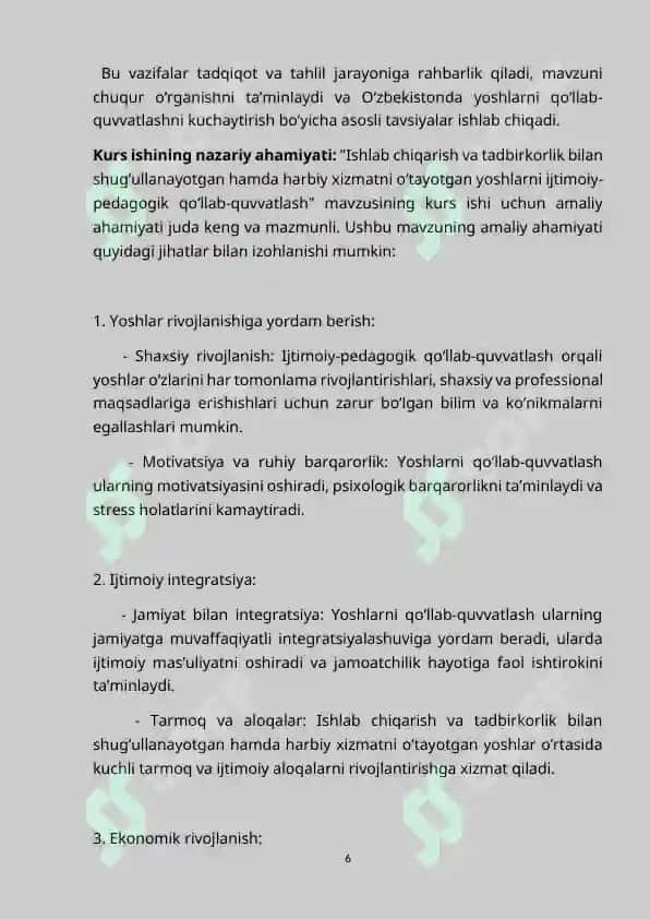 ISHLAB CHIQARISH VA TADBIRKORLIK BILAN SHUG‘ULLANAYOTGAN HAMDA HARBIY XIZMATNI O‘TAYOTGAN YOSHLARNI IJTIMOIY PEDAGOGIK QO‘LLAB-QUVVATLASH 6