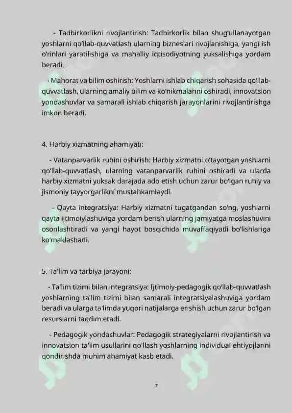 ISHLAB CHIQARISH VA TADBIRKORLIK BILAN SHUG‘ULLANAYOTGAN HAMDA HARBIY XIZMATNI O‘TAYOTGAN YOSHLARNI IJTIMOIY PEDAGOGIK QO‘LLAB-QUVVATLASH 7
