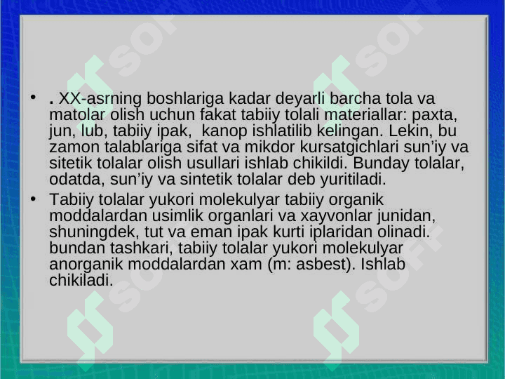 SUN'IY SINTETIK TOLALAR VA IPLAR. 4