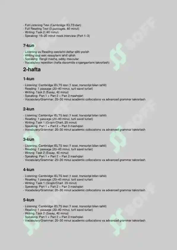 IELTS 8 Haftalik (56 kunlik) Kunma-kun Tayyorlov Rejasi 2