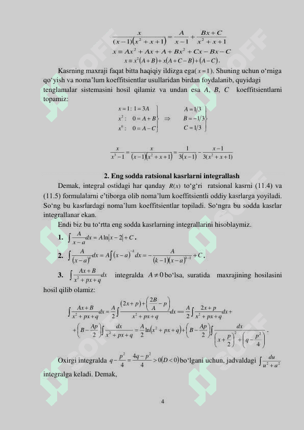 KASR-RATSIONAL VA BA’ZI IRRATSIONAL FUNKSIYALARNI  INTEGRALLASH 4