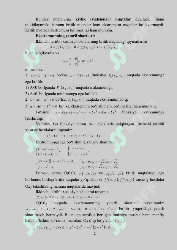 IKKI ARGUMENTLI FUNKSIYANING EKSTRЕMUMLARI VA  ENG KATTA VA ENG KICHIK QIYMATLARINI TOPISH. SHARTLI  EKSTREMUMLAR. 2
