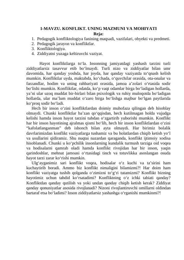 KONFLIKT. UNING MAZMUNI VA MOHIYATI 1