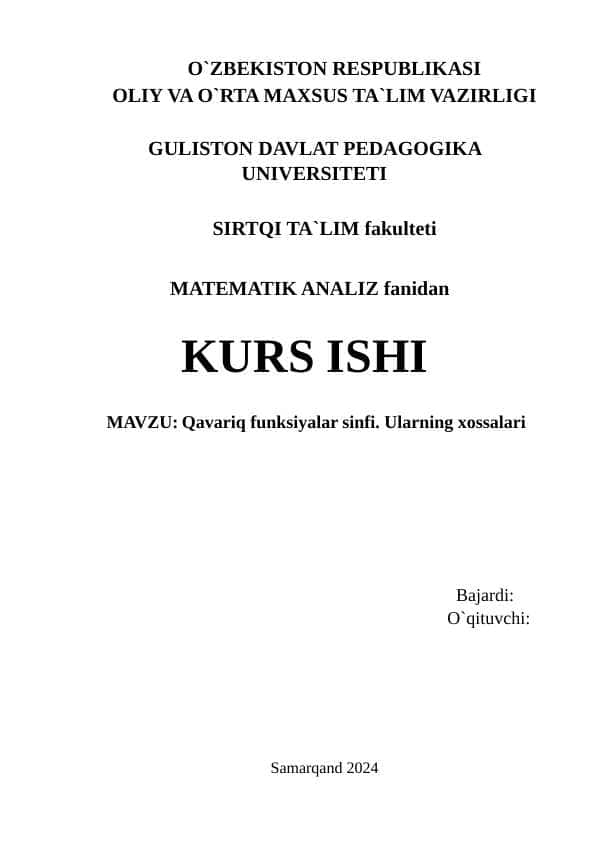 Qavariq funksiyalar sinfi. Ularning xossalari