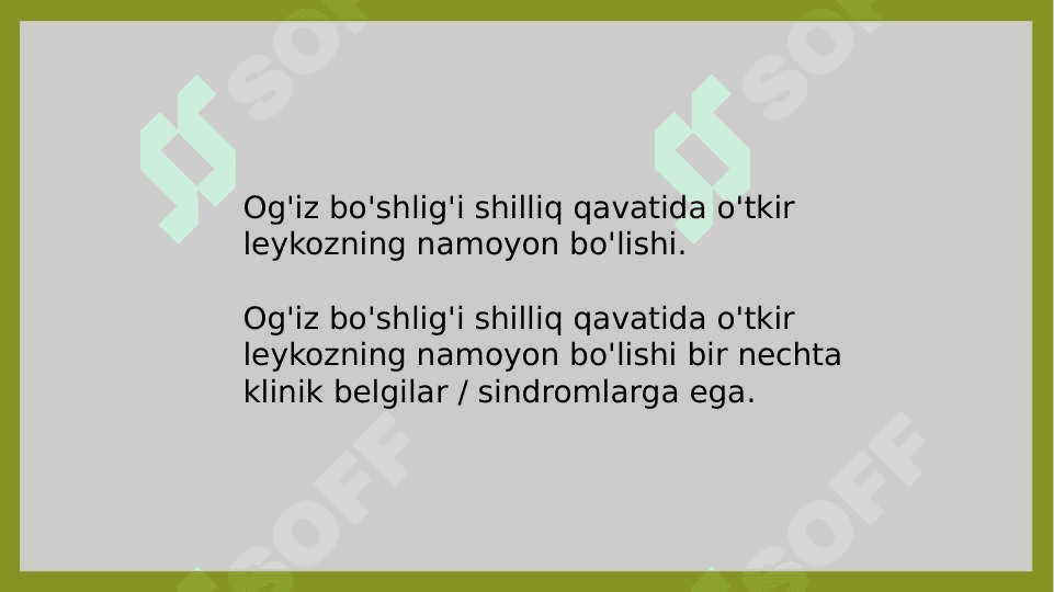 Bolalarda og'iz bo'shlig'i shilliq qavatida qon kasalliklarida sodir bo'ladigan o'zgarishlar,              klinik belgilari, tashxisi, davosi. 6