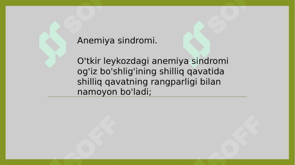 Bolalarda og'iz bo'shlig'i shilliq qavatida qon kasalliklarida sodir bo'ladigan o'zgarishlar,              klinik belgilari, tashxisi, davosi. 8