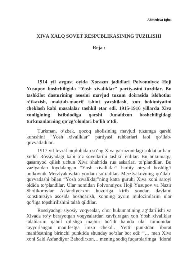 XIVA XALQ SOVET RESPUBLIKASINING TUZILISHI