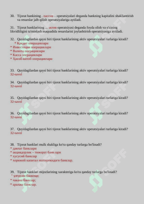 Bank ishidan yakuniy test savollari va javoblari 4
