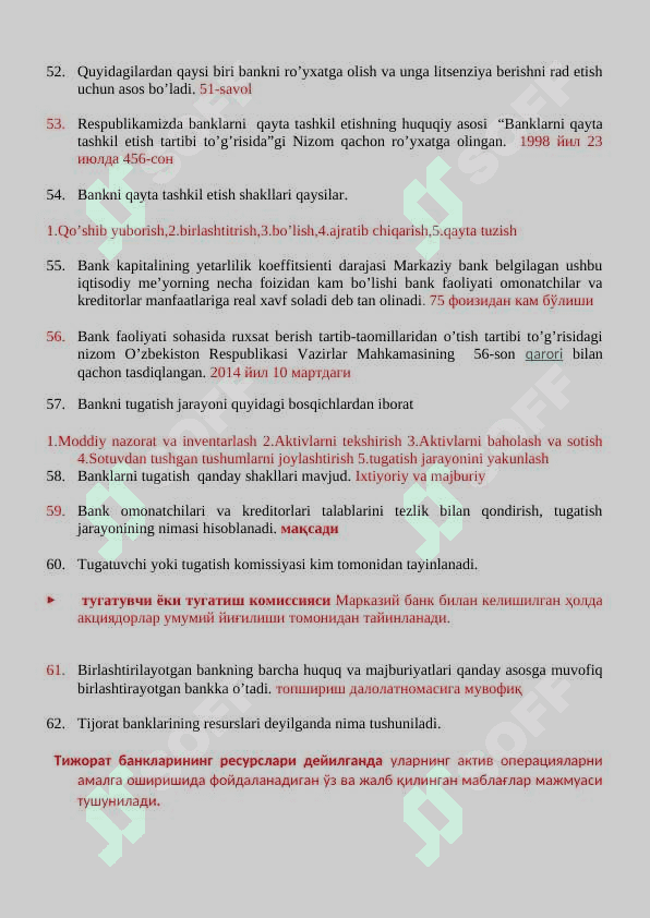 Bank ishidan yakuniy test savollari va javoblari 7