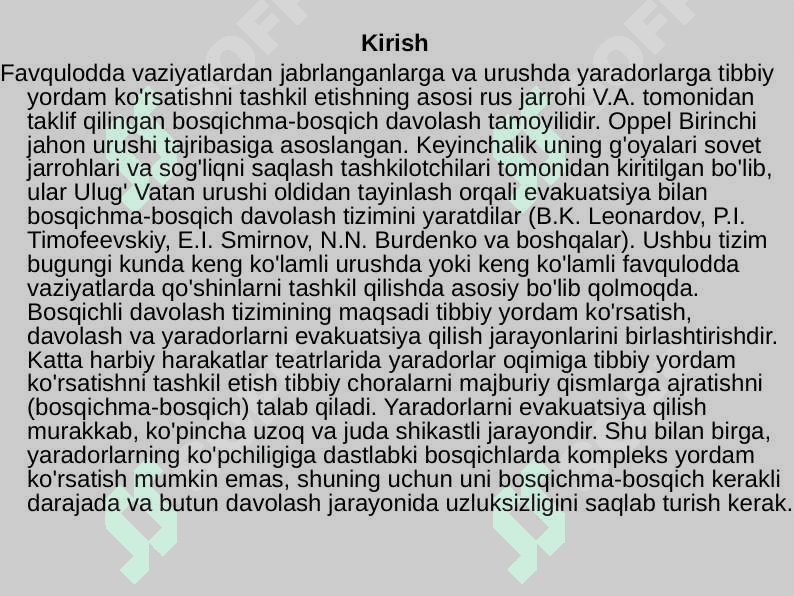 Tibbiy va evakuatsiya yordamini tashkil etish yaradorlar, kasallar, jangovar zonada va favqulodda vaziyatlarda zarar ko'rganlar 3