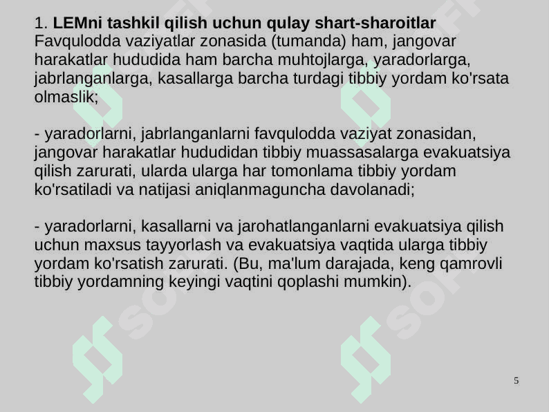 Tibbiy va evakuatsiya yordamini tashkil etish yaradorlar, kasallar, jangovar zonada va favqulodda vaziyatlarda zarar ko'rganlar 5
