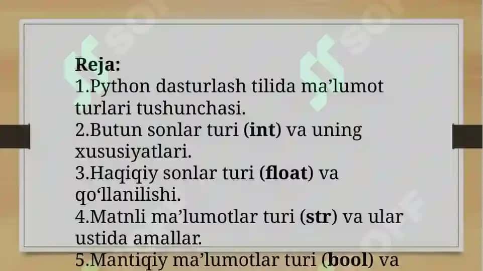 Python tilidagi asosiy maʼlumot turlari: int, float, str, bool. 2