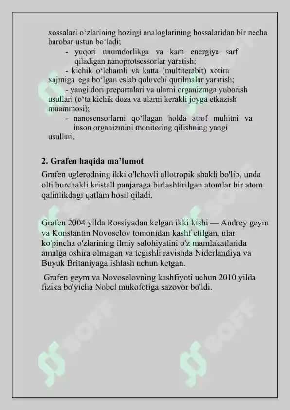 Grafenning  xossalari, olish metodikasi va texnologiyasi qo’llanish soxalari 8