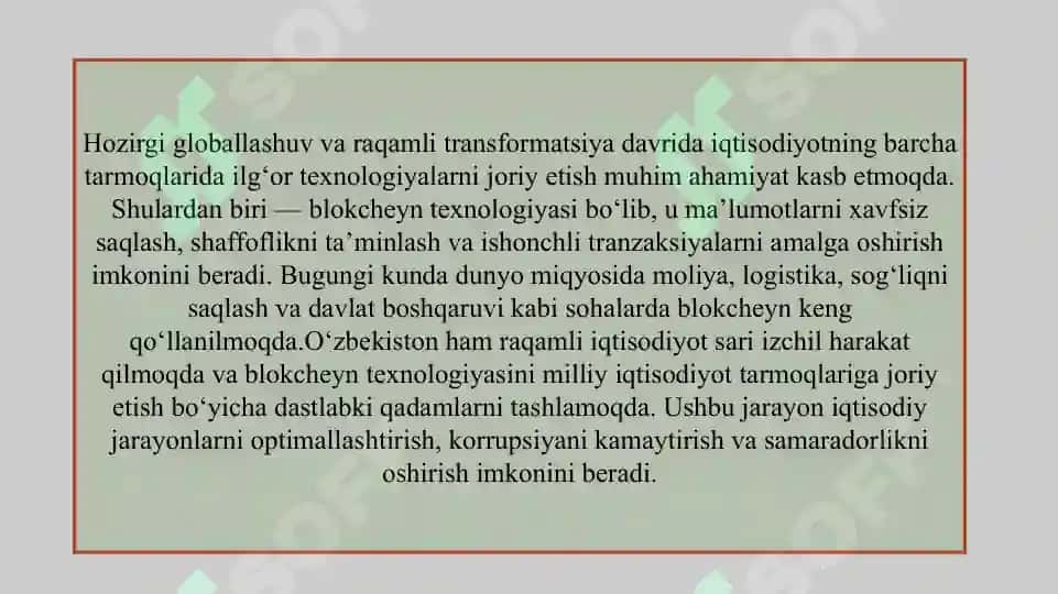 Milliy iqtisodiyotda blokcheyn texnologiyasidan foydalanish yo‘llari      |         MILLIY IQTISODIYOTNING TURLI SOHALARIDA BLOKCHEYN TEXNOLOGIYASIDAN FOYDALANISH YO‘LLARI      | 3