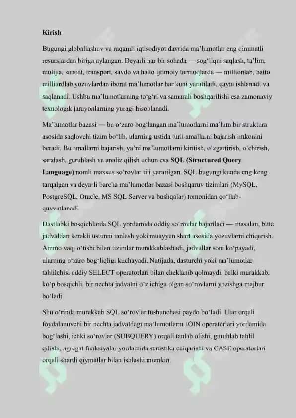 Ma'lumotlar bazasi fanidan SQL tilida murakkab so’rovlar yaratish 2