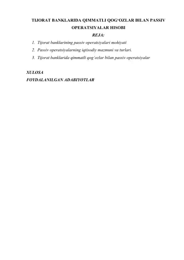 TIJORAT BANKLARIDA QIMMATLI QOG‘OZLAR BILAN PASSIV OPERATSIYALAR HISOBI