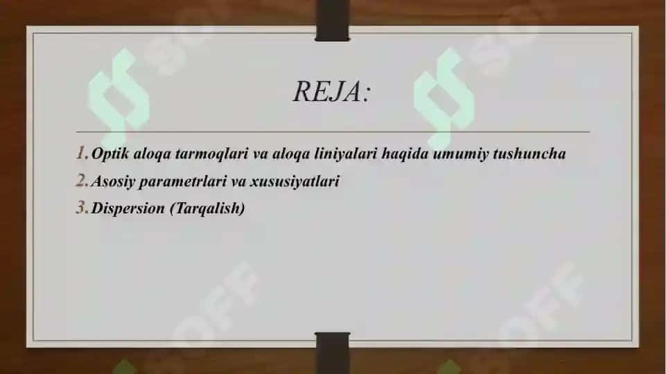 OPTIK ALOQA TARMOQLARINING ALOQA LINIYALARIDA O‘LCHASH USULLARI TO‘G‘RISIDA UMUMIY MA’LUMOTLAR. OPTIK ALOQA TARMOQLARINING ASOSIY PARAMETRLARI VA XUSUSIYATLARINI O‘LCHASH. 2