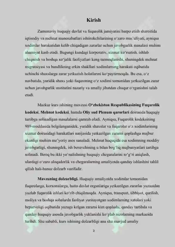 Yuridik shaxsning yoki fuqaroning o‘z xodimi tomonidan yetkazilgan zarar uchun javobgarligi” mavzusi asosida tayyorlangan 3