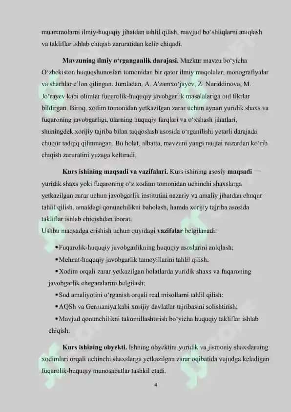 Yuridik shaxsning yoki fuqaroning o‘z xodimi tomonidan yetkazilgan zarar uchun javobgarligi” mavzusi asosida tayyorlangan 4