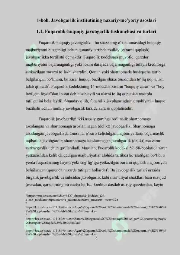 Yuridik shaxsning yoki fuqaroning o‘z xodimi tomonidan yetkazilgan zarar uchun javobgarligi” mavzusi asosida tayyorlangan 6