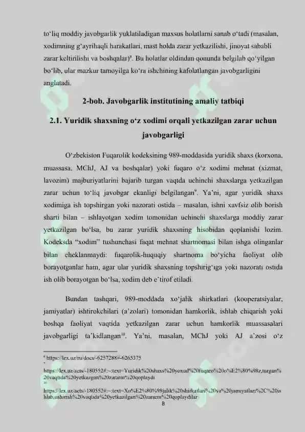 Yuridik shaxsning yoki fuqaroning o‘z xodimi tomonidan yetkazilgan zarar uchun javobgarligi” mavzusi asosida tayyorlangan 8