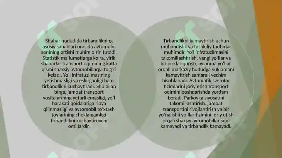 Shahar hududida tirbantlik ni bartaraf  etish usullari 4
