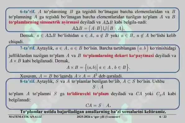 To‘plamlar. To‘plamlar ustida amallar. Matematik belgilar. Akslantirish va ularning turlari. Sanoqli to‘plamlar 6