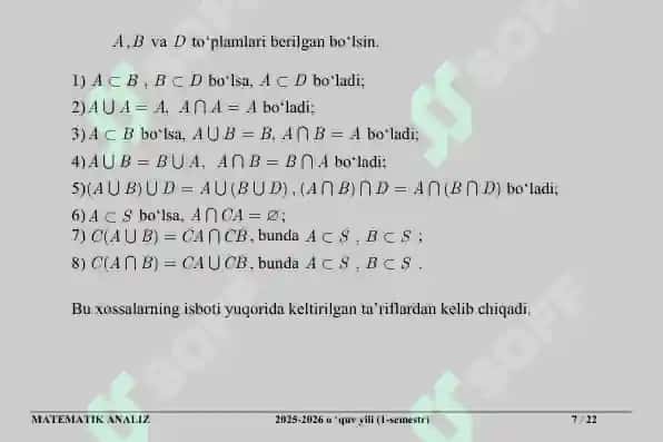 To‘plamlar. To‘plamlar ustida amallar. Matematik belgilar. Akslantirish va ularning turlari. Sanoqli to‘plamlar 7