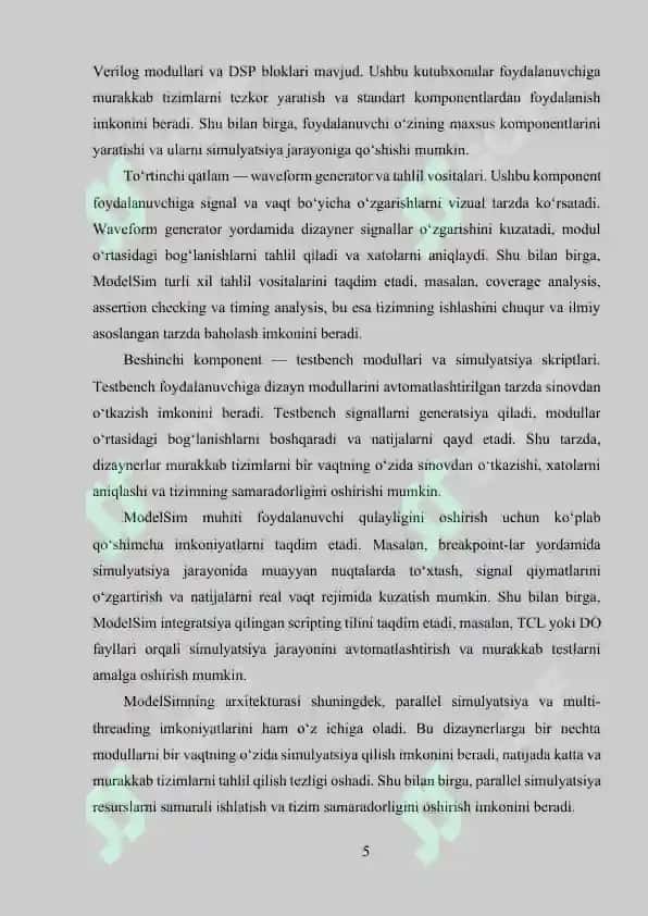 MODELSIM MUHITI VA O‘RNATILGAN TIZIMLARNI SIMULYATSIYA QILISH 5